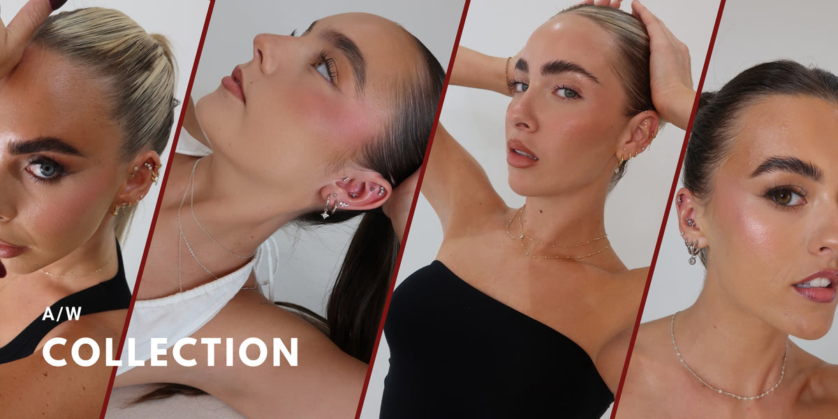 A four-panel collage showing women modeling different styles of delicate silver and gold earrings and necklaces. The panels are divided by diagonal red lines, with the text 'A/W COLLECTION' in white at the bottom left.