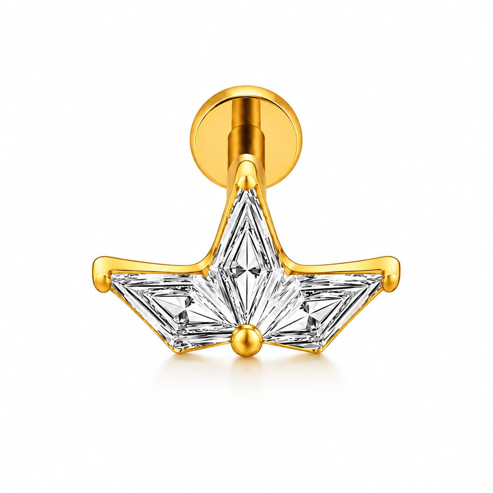A gold star-shaped stud earring featuring a clear faceted crystal center, shown on a clean white background.