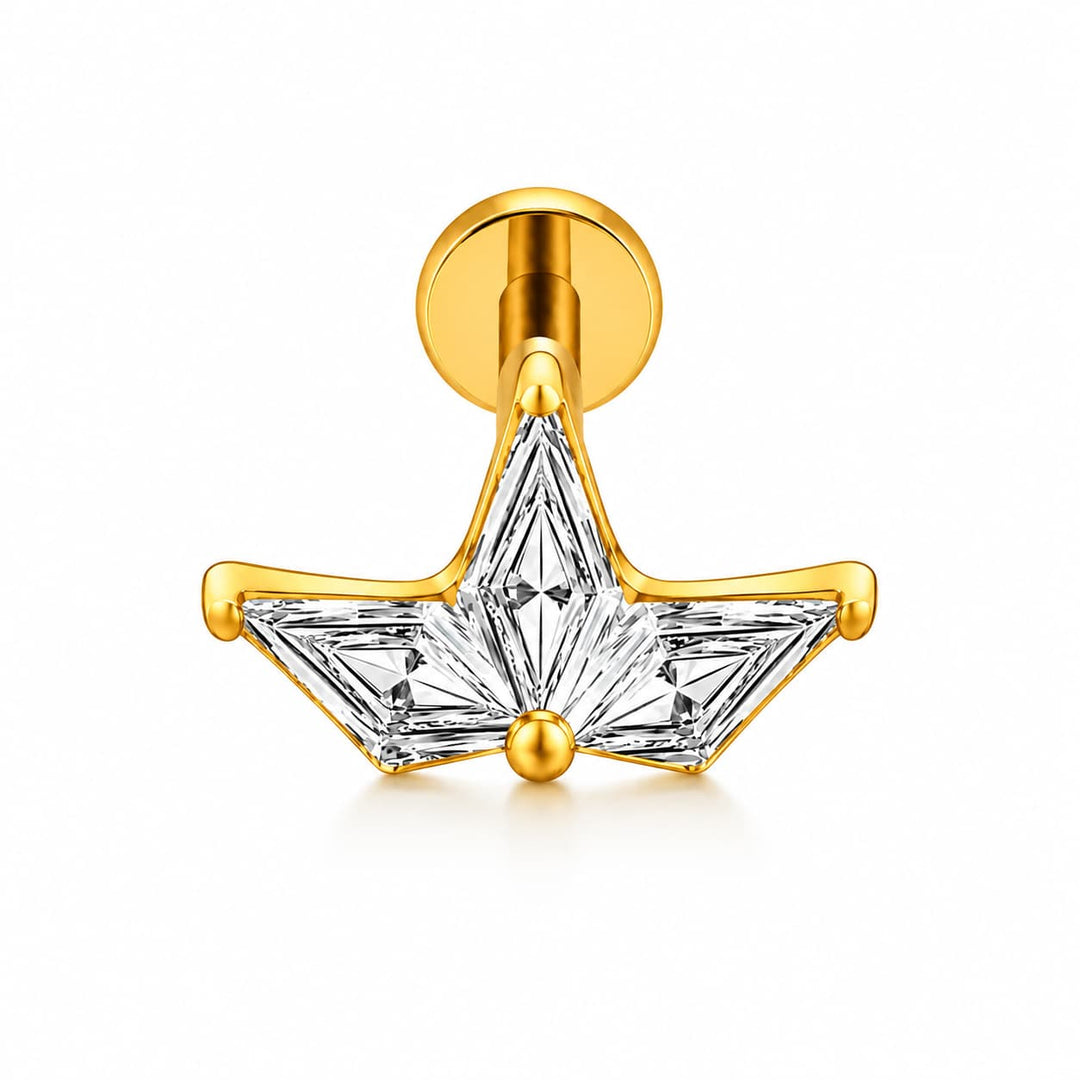 A gold star-shaped stud earring featuring a clear faceted crystal center, shown on a clean white background.