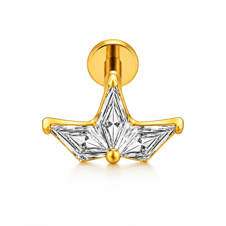 A gold star-shaped stud earring featuring a clear faceted crystal center, shown on a clean white background.