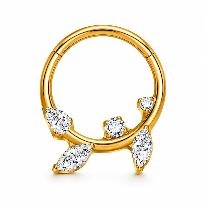 A gold hoop piercing ring decorated with four clear marquise and round-cut gemstones on a white background.