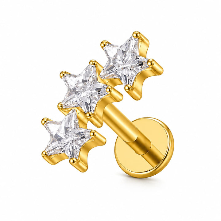 Gold star-shaped stud earrings with three clear cubic zirconia stones, shown on a clean white background.