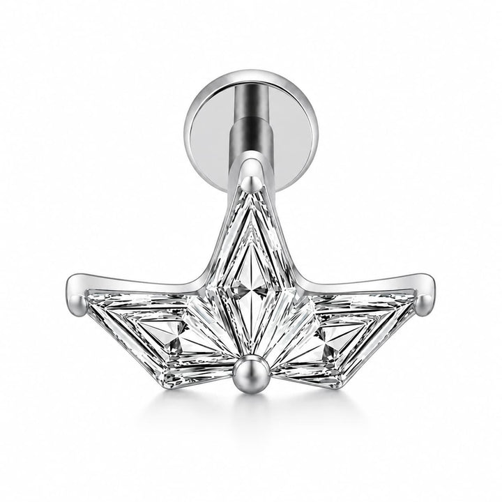 A silver-toned star-shaped stud earring with a faceted, crystal-like front and a circular back, shown on a clean white background.