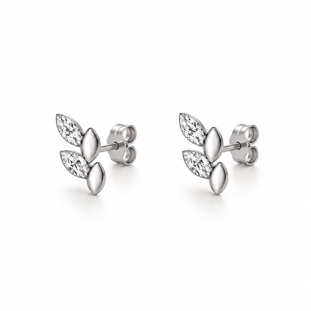 A pair of silver stud earrings featuring marquise-cut clear gemstones in a leaf-like cluster design, shown on a clean white background.