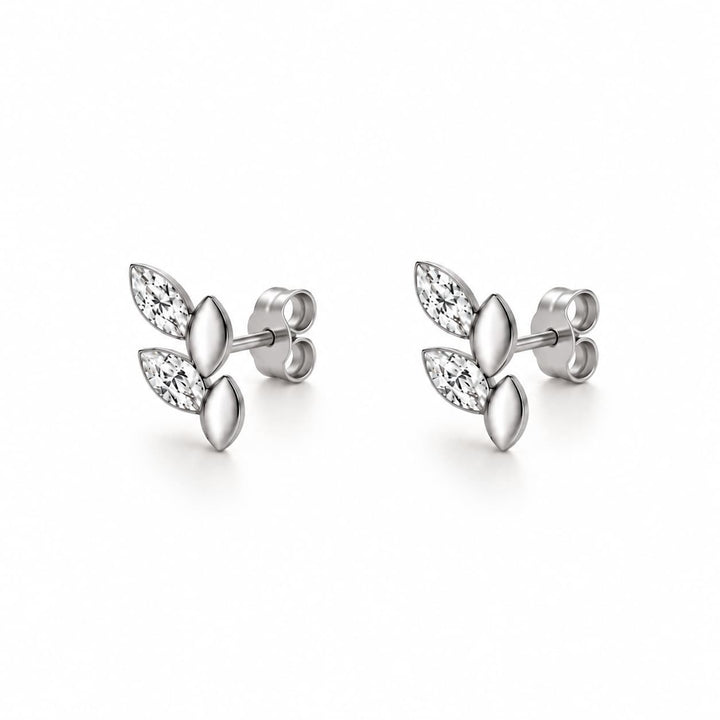 A pair of silver stud earrings featuring marquise-cut clear gemstones in a leaf-like cluster design, shown on a clean white background.
