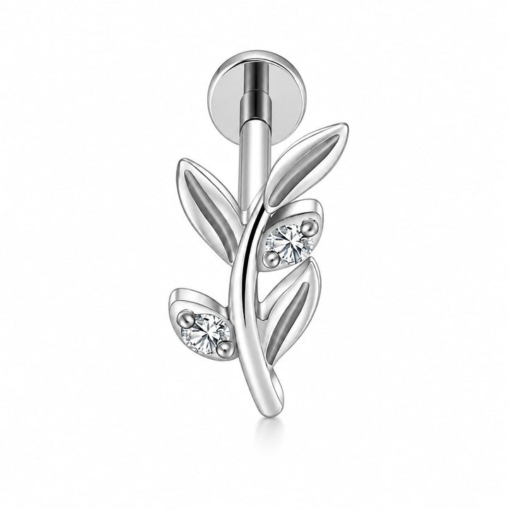 A silver-toned floral barbell stud earring featuring three stylized leaves, two of which are adorned with small round clear gemstones, shown on a clean white background.
